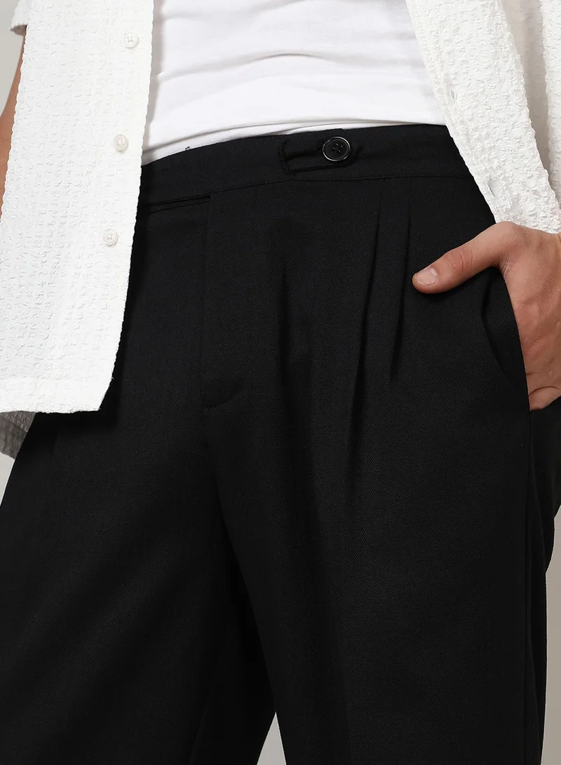CAHOOT  Men's Onyx Black Solid Tailored Trousers For Casual Wear | 4 Pockets | Mid-Rise | Button Closure | Trousers Crafted With Comfort Fit For Everyday Wear for Men | Best Price UAE